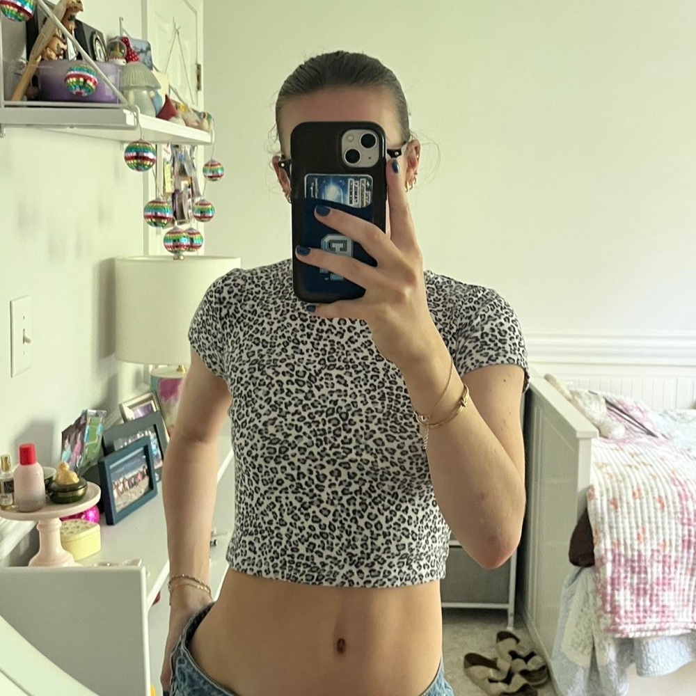 Brandy Melville White and Black Animal Print Crop Top